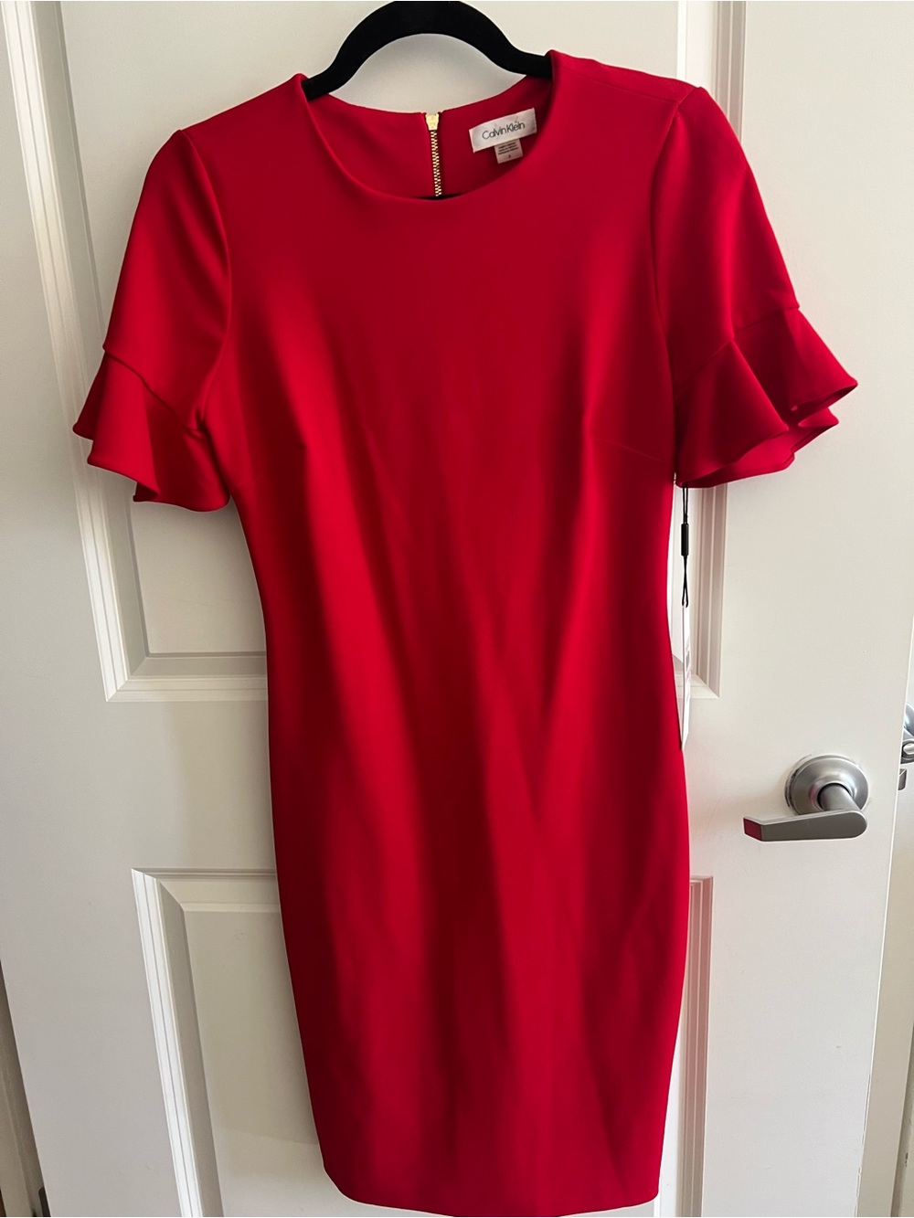 Calvin Klein Red Ruffle-Sleeve Midi Sheath Dress